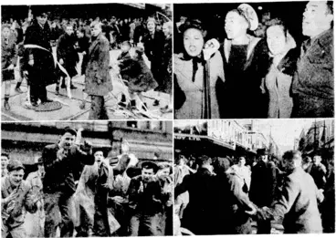 Image: VJ Day in Wellington was a very special occasion to the young people of the city, and they took full advantage of their opportunities. Top left and bottom right show a traffic officer as the central attraction of the popular game of ring-a-rosie. The Army and Navy combined in patriotic songs, and young men of the pakeha variety found a vent for their enthusiasm in Maori hakas. (Evening Post, 18 August 1945)