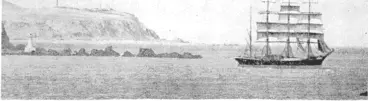 Image: The four-mas Led barque Pamir Leaving Wellington tins morning, photographed when paxsuig an; ion-level Ugh/, ai Pencarrow, ivith Baring Head in the background. (Evening Post, 22 September 1945)