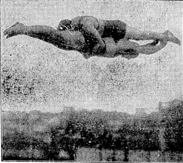 Image: Crown Studios. Billy Hicks (on top), ex-New Zealand champion, and partner, giving demonstration of the double dive at the To Aro swimming carnival yesterday. (Evening Post, 01 February 1927)