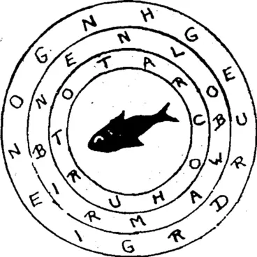 Image: Start at one letter in the outer circle and using alternate letters make the name of a fish. Start at another letter and make another fish. Proceed-in the same way in the two other circles and make the names of two fishes in each case. (Evening Post, 17 December 1929)