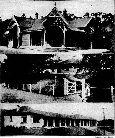 Image: VILLA SYSTEM FOR MENTAL HOSPITALS.—The'"villa system," adopted at Porirua 'Mental.Hospital, is considered the most up-to-date method of housing patients. At top, "Vailimn" 'a villa for ivomenat sPorirua. Centre, reception cottage, where patientSMre receivedand interviewed'bythe doctor. Below, "Bella.Vista" recently constructed on the "open,door" principle,-for-men-.patients. (Evening Post, 31 May 1930)