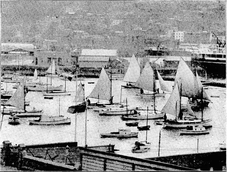 Image: Evenlnc Post' Photo. PREPARING FOR THE YACHTING SEASON.—During the past few week-ends the Boat Harbour at Oriental Bay has been the centre of much activity, and on Saturday afternoon things were busier than ever. The photograph shows boats preparing to leave to take part • in the Royal Port Nicholson Yacht Club's series of races, as well as several vessels under general repair. (Evening Post, 24 November 1930)