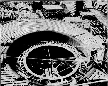 Image: s* '" • . ' ' Huvcldcli' Williams 'I'lwl'ri. ■ •WAITAKI.HYDRO-ELECTRIC 'WORKS.—A bird's-eye view of the wooden -framework* into which '. ■ * • the', concrete will.be' poured- in-the\ construction of the hugepenstock. (Evening Post, 02 May 1931)
