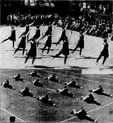 Image: Evening Post" Photo. GYMNASTICS AT QUEEN MARGARET COLLEGE.-Gir/s. attending QueenMargaretCollegerHobson. *^ej?r£it)Jrtg.adM/)ffl3rp/.s«£^»eniCs[before parents and visitors yesterday afternoon. (Evening Post, 10 December 1932)