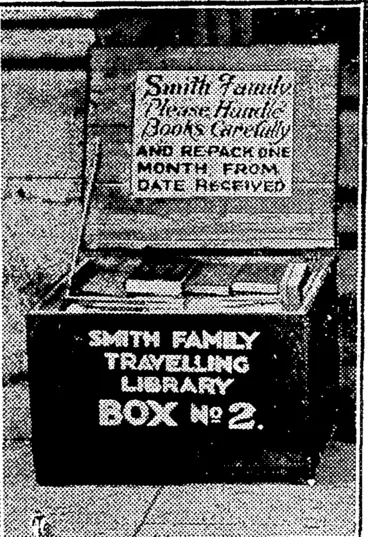Image: Evening Post" Photo. A TRAVELLING. LIBRARY.— Books* magazines, and periodicals, in a convenient box, a unit of the Smith Family travelling library for circulation among the unemployment camps. (Evening Post, 25 August 1934)