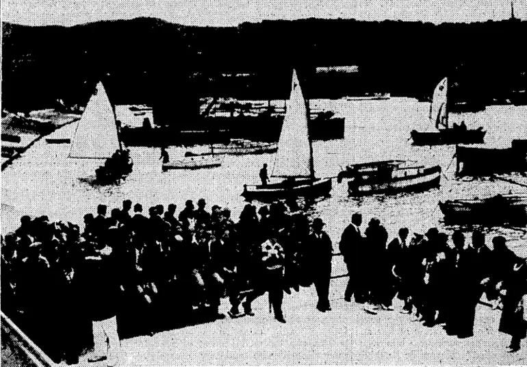 Image: E. 1. Bobson Photo. MONICA WINS AGAIN.—The Jellicoe class boat Monica, vsinnei of three out of, four races in Sanders Cup trials. W. Hall Ralne Photo. YACHTING SEASON OPENED.—There ivas much activity at the Boat Harbour, Oriental Bay, on Saturday afternoon, when the 1934-35 season of the Royal Port Nicholson Yacht Club was opened^ (Evening Post, 12 November 1934)