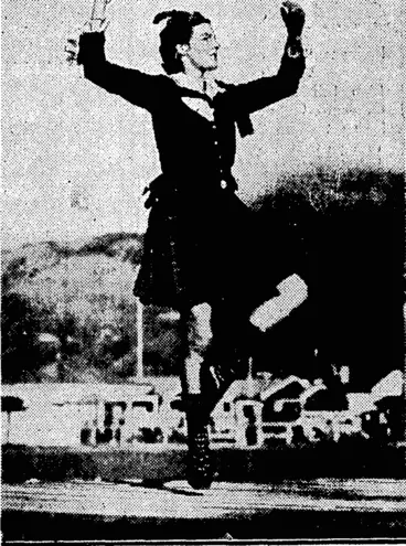 Image: VA.'-R.-Klngsford, Photo: GRACEFUL DANCING.—'Miss '=G. ;Inkster, winner of the Nelson Provincial Scottish. Society Cup!- for Highland dancing, held during-the.recentrEaster . . . athletic meeting. ; . v ■[ (Evening Post, 27 April 1935)
