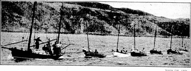 Image: UNDER AUXILIARY POWER.-Fourtecn-foolers which participated in the combined Sanders Cup trial races and Campbell Cun contest far the Wellington provincial \-class championship las,, weekend being towed from Evans Bay to the starting IZ7 off Pot JcZinZm hone of the boats in the picture ivas successful, all five races being tcon by the Lavina, of the Royal Port Nicholson Yacht Club (Evening Post, 14 December 1935)