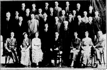 Image: Crown Studios Photo. COMPETITORS AT NEW. ZEALAND CHESS CONGRESS.—37ie New Zealand .chess congress for 1935-36 concluded today. Above are the competitors in the open, minor, and women's championships. Back row, from left, A.S. Goldsmith, R. Watt (winner of the minor tournament), R. Christensen, H. Christensen, E. Hutchings, J.C. Kirkwood, J. L. Hardy. Second row, D. Langley, I. Burry, R. E. Baeyertz, D. I. Jones, G. H. Brown, W. L Fairburn, A. Stewart, R. O. Scott. Third row, £. S. Rutherfurd, G. A. Jones (umpire), E. H. Severne, K. Beyer, J. C. McCrea (secretary New Zealand Chess Association), H.R. Abbott, H. J. Armstrong, E. J. Dyer. Front row, C. J. S. Purdy (Australia), Mrs. Goldsmith, Mrs. Short, A. W. Gyles (winner of the championship), J. 1. Goldsmith (chairman Wellington Chess League). 7. A. Erskine, Mrs. Abbott (winner of the ladies' tournament), Mrs. Thorpe, F. K.Kelling. (Evening Post, 06 January 1936)