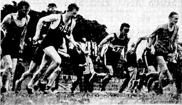 Image: Evening Post" Photo. START OF THE HOLIDAY MARATHON.—Runners at Newtown Park on Labour Day after the starter had dispatched them on the. 26 miles 385 yards race, which is the correct Marathon distance. A. L. Steve ns, the winner, is on the extreme left: ' (Evening Post, 31 October 1936)
