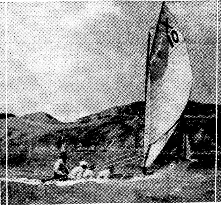 Image: Evening Post" Photo. WELLINGTON'S SANDERS CUP HOPE.—77ie Royal Port Nicholson Yacht Club's X-class boat Lavina, sailed by J. Coleman, J. Nolan, B. Williams, and J. Sandford, shows her speed in Evans Bay. She and her crew have been selected by the Wellington Provincial Yacht and Motor-boat Association to represent the province in the Sanders Cup contest at Lyttelton in February. (Evening Post, 12 December 1936)