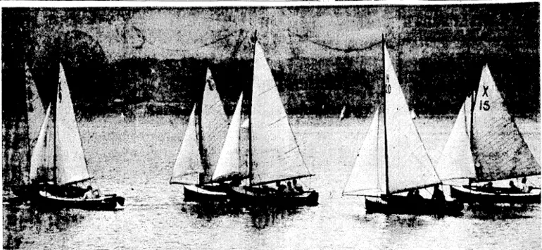 Image: Evening Fost" Photo. Centrcboarders racing on the harbour last Saturday under the auspices of the Royal Port Nicholson Yacht Club. (Evening Post, 20 November 1937)