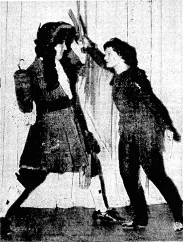 Image: Sport and General" Photo. Anna Neagle, who took the title part in "Victoria the Great," is now starring as "Peter Pan" at the London Palladium. She is seen in combat tuith Captain Hook, played by George Curzon. (Evening Post, 27 December 1937)