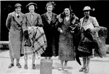 Image: 1 "Evening Post" Photo. Members of the New Zealand women's golf team who returned from Australia today by the: Wanganella. From left, Miss V. Fleming, Miss J. Horwell, Mrs. R. S. Fullerton Smith, Miss P. Helean, and Mrs. D. Crombie. (Evening Post, 30 August 1938)