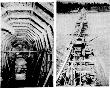 Image: Tunnel and bridge building along the line of the new East Coast railway. The picture on the left shows how American methods are being.applied in tunnelling. Full-section timbering allows a close follow-up with the concrete'lining, as adopted in the Waikura tunnel. On. right, bridging the Waipaoa River, near Gisborhe, ivh'ere the concrete, work iiias completed before the holiday stoppage of work and the top 'decking will be started shortly. . . . •."... (Evening Post, 13 January 1938)