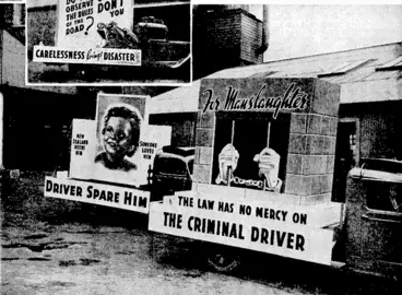 Image: Evening Post" Photo. Some of the special floats prepared by the Government Transport Department and which took part in today's procession through the .. . . ... streets of Wellington to inaugurate "Road Safety Week." .''...'.. .>:<.: (Evening Post, 05 December 1938)