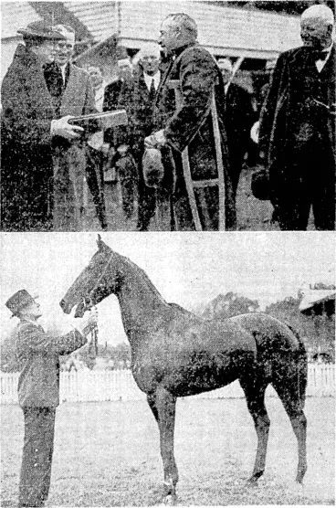 Image: Mr. H. D. Leaman receiving a canteen of cutlery at the hands of Mrs. A. C. Nathan, ivife of the vice-president of the Marlborough Racing Club, after the victory of Second Innings (beloiv) in the Marlborough Cup last Saturday. (Evening Post, 13 May 1939)