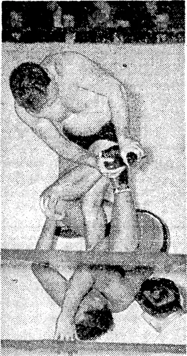 Image: Jack Dmtovan applies a barred toehold to "Lofty" Blomfield at this week's wrestling bout at the Town Hall. (Evening Post, 13 May 1939)