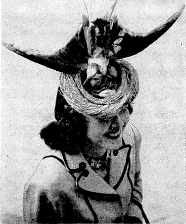 Image: One of the amazing hat fashions seen at a recent Parisian millinery competition. The bird's nest is complete with parent and eggs. (Evening Post, 24 June 1939)