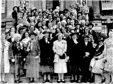 Image: Evening Post" Photo. Delegates who are attending the annual conference of the New Zealand Nurses9 Christian Union, now being held at the Salvation Army Training College in Aro Street. In the front row, starting second from left, are Mrs. Tythe Brown, Miss E. Williams, Miss Bicknell, all of whom are vice-presidents, Mrs. H. Bayldon Eiven, president, Miss Lambie, 0.8. E., Director of Nursing, and Miss Dofill, of the Maori Nursing Division. (Evening Post, 28 January 1939)