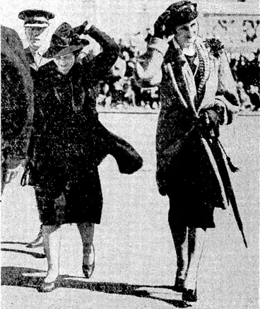 Image: It ivas very windy yesterday ivhen the viceregal parly arrived for the opening of the Centennial Exhibition. Lady Galway (right) ami Mrs Hislop are seen going to their seats huffeted by the wind. (Evening Post, 09 November 1939)