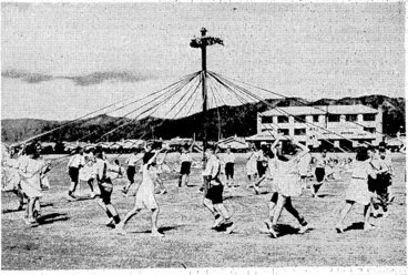 Image: Evening, Post" Photo. Maypole < dancing ■. ~at Petone Recreation Ground1 yesterday, when . "children's 'day" was the feature of the jubilee'celebrations. (Evening Post, 29 November 1939)