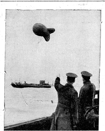 Image: Eeitain's Defence agaikstthe Dive-bomber—A'barrage balloon anchored to a barge off the coasfe.of .-JSngland. (Rodney and Otamatea Times, Waitemata and Kaipara Gazette, 03 July 1940)