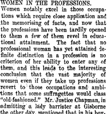 Image: WOMEN IN THE PROFESSIONS. (Taranaki Daily News 24-9-1910)