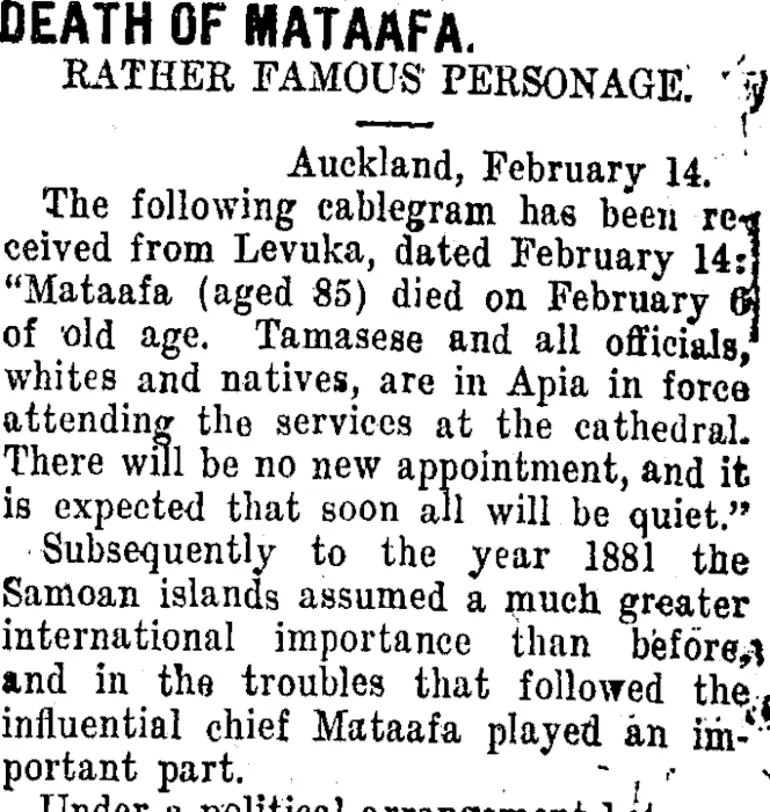 Image: DEATH OF MATAAFA. (Taranaki Daily News 16-2-1912)