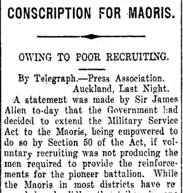 Image: CONSCRIPTION FOR MAORIS. (Taranaki Daily News 15-6-1917)