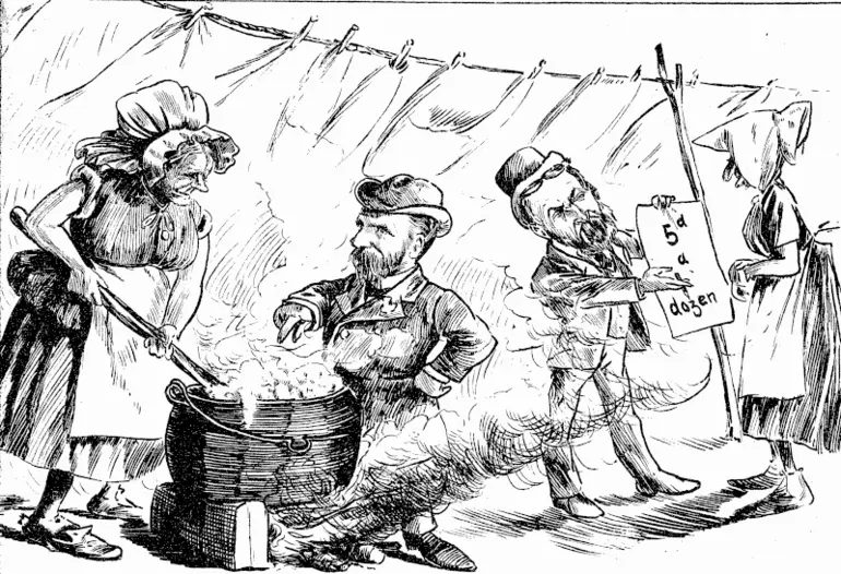 Image: Moesrs Lennox and Udy, as members of the Hospital and Charitable Aid Board, supervise the washing, at 5d per dozen pieces. (Observer, 11 July 1891)