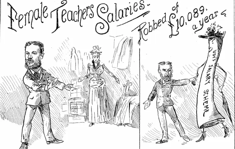 Image: M* Udy is promising to set everything1 right with  Mr:Muir says it is 'monstrous' that a lady teacher under the Board should only his new and improved salary scheme.  have 10s left to buy clothing for six months, after paying- board and expenses. (Observer, 29 August 1891)