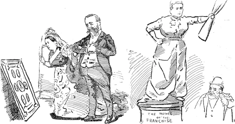 Image: VThe shield is sent Home. Her Gracious, inspects it. 'Tummy'is ' The Mother of the Franchise.' ('Bio's' suggestion for a national mashed���badly mashed. memorial statue.) (Observer, 28 October 1893)