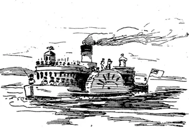 Image: The enemy's fast and furious Man-o'-war Eagle steams up the Waitemata and lands her warriors at Tamaki. The Kaisers and Commanders form their plan of attack, but two bold Colonials, under the pretext of looking for their father's cow s, over-hear the plans. (Observer, 18 April 1896)
