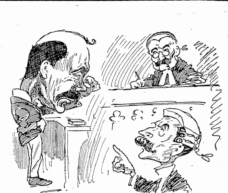 Image: Archibald Henry Bell seeks his discharge from bankruptcy. But the Official Assignee opposes through Mr McAllister.  Archibald Heney (in tears): I don't remember, Mr McAllister, whether I paid my partner ��5 per week. I don't remember anything. He must have mesmerised me. (Observer, 26 February 1898)