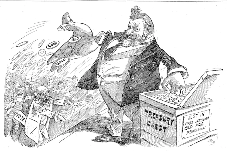 Image: Peemier Dick : Here yon are, my good friends, here is gold in plenty for your old age. It is a big price to pay for votes, near two hundred thousand, but it is also money well spent. (Observer, 15 October 1898)