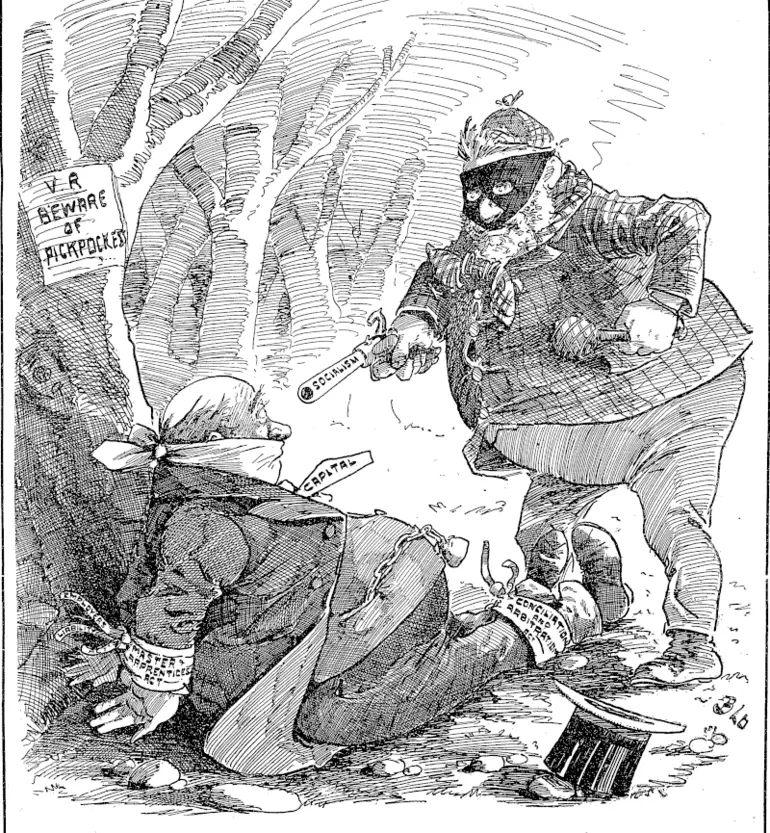 Image: The Legislative Footpad (to the Capitalist): Now you thieving old rascal, having got you gagged and bound, I think it is up to me to go .through, your pockets. This is a perfectly honest transaction: What I'm doing is for the public good. _We want money to pay the old age (Observer, 22 October 1898)