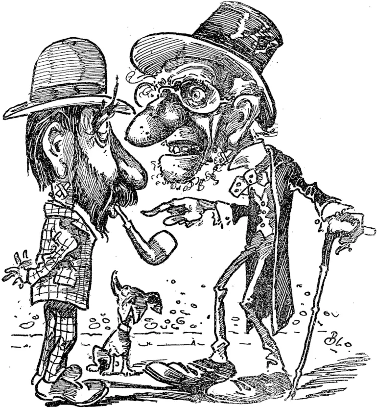 Image: The Elderly Party's Grievance.  1 Old age pensions ain't no good, 1 Bay. ' They're a fraud an' a delusion. Here, they give me a ��18 pension and they stop my Charitable Aid rations, which was as good as ��40 of anybody's money every year It's a rained man lam through Dick Sedden and his new fangled pension ideas. Give ms plenty of rations, say I, an' no questions asked, an' they kin keep their ��10 peneio��, Them's my sentiments.1 (Observer, 11 March 1899)