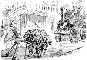 Image: The Gitypouncil: Aye then, you hawker, clear out of the road with that barrow, or we'll bust you to smithereens ! (Observer, 16 October 1909)