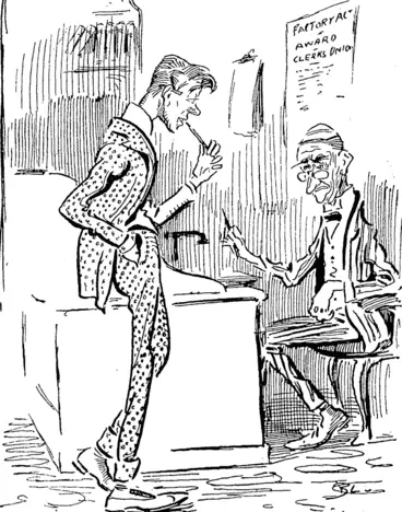 Image: A CLAIM FOR OVERTIME. Boss ��� You claim two hours overtime this week ,- pray when did that happen? Member of Clerks' Union: I woke up at five yesterday morning, and thought of my work, until seven. (Observer, 28 October 1911)