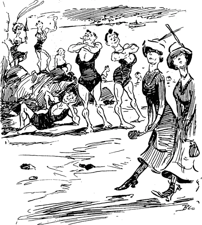 Image: A CLOSE SEASON FOP MUSCLES ON SHELLY BEACH. The Auckland City Council has decided to stop the practice of bathers lolling about in bathing costumes on Shelly Beach. Cholly the Oyster: Bai Jove. Algy, I reckon we've about settled those two tarts. Squeeze out a little, more muscle and they'll be electrocuted-sure. (And then the A.C.C. spoil sport closed the show). (Observer, 15 March 1913)