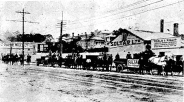 Image: Two thousand gallons of Soltar being escorted by " specials " on the way to Hawera (Observer, 13 December 1913)
