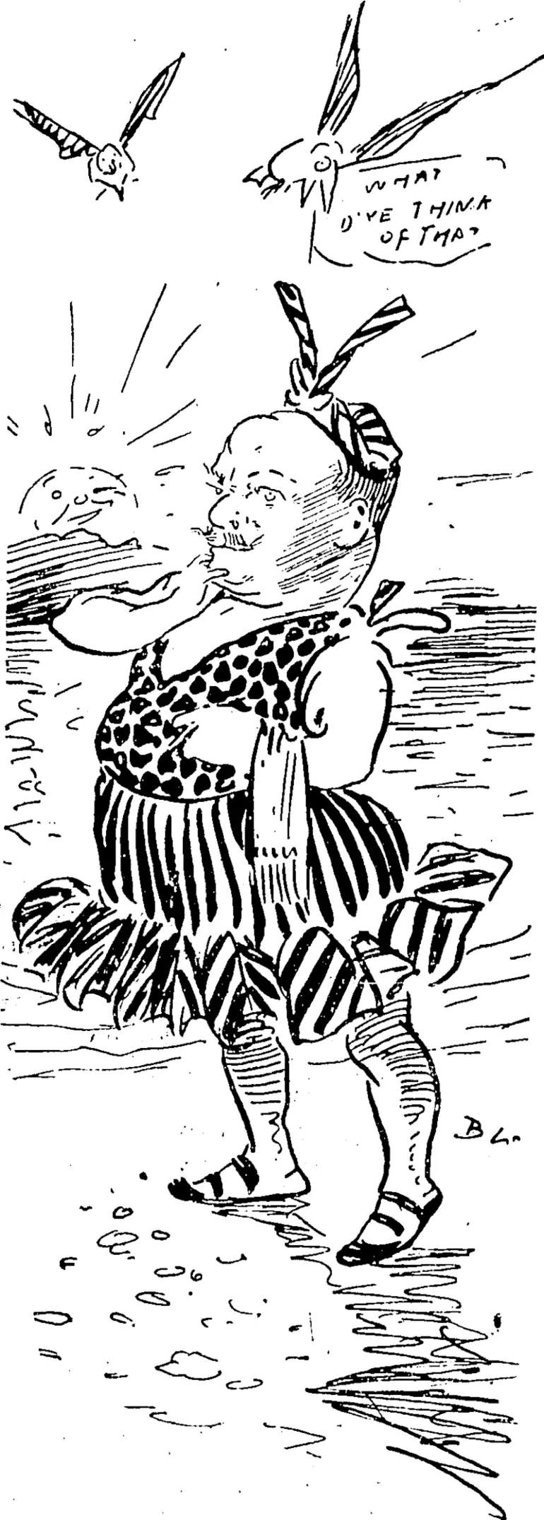 Image: GE TTJNGJT BA CK[ON\CA NAD A New York, July s.���The ;matter 'of bathing costumes afor men is exciting attention at American seaside resorts. Atone port the " welfare director" has ordered men to wear skirts reaching half way to the knee. A sweet thing, on Takapuna next summer when the Borough adopt the skirt by-law. (Observer, 11 July 1914)