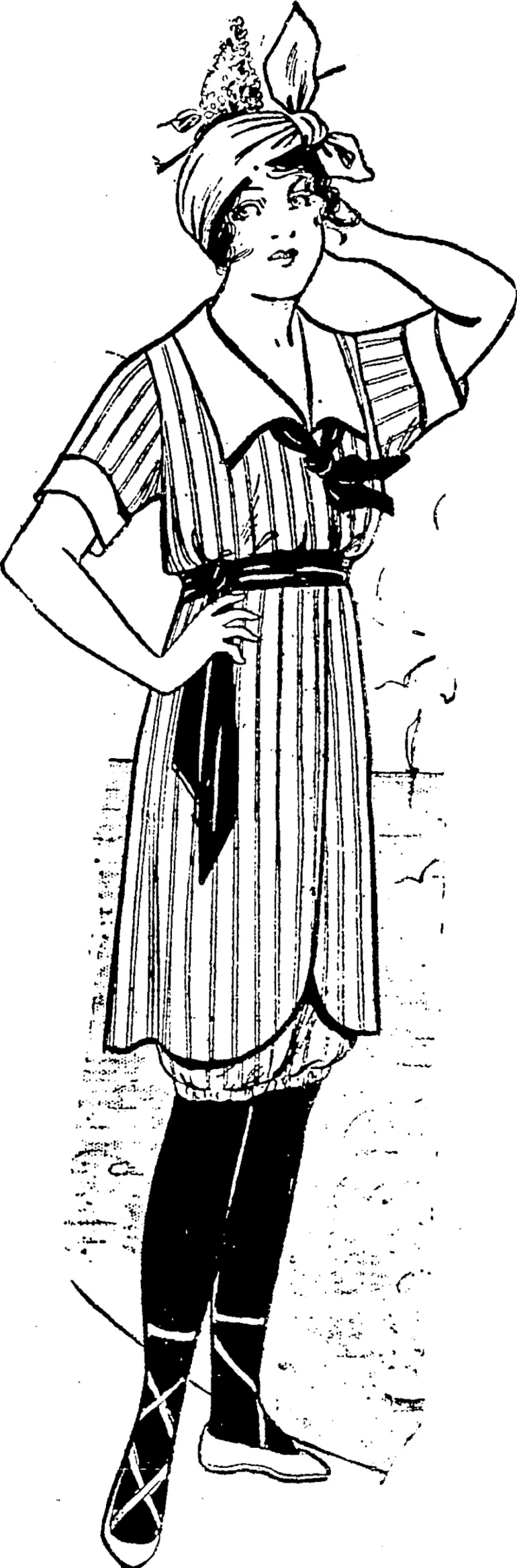 Image: Striped linen bathing suit trimmed with plain linen. (Observer, 02 January 1915)