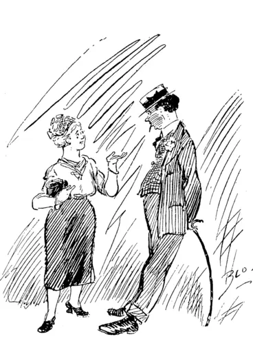 Image: A HIT. Softgoods Shirker: Fashions in colour are changing quickly. I'm extremely fond of warm tints. Patriotic Lady: You certainly don't seem to appreciate khaki. (Observer, 24 March 1917)