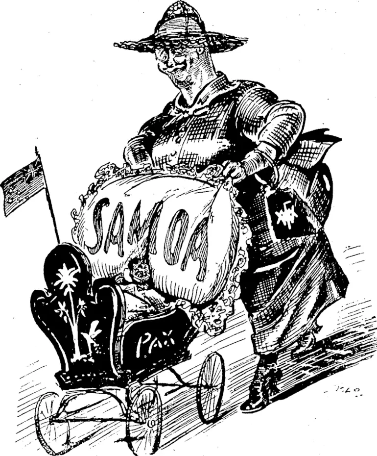 Image: February 22, 1919.] BILL'S MANDATE���THE WAR BABY. The mandate given to New Zealand over Samoa was greatly discussed when the terms of the armistice were new. New Zealand's responsibility as a small new nation grew with this new infant, and she had a special interest in the infants, as she occupied Samoa at the outbreak of war under orders from the British High Command. (Observer, 20 September 1919)