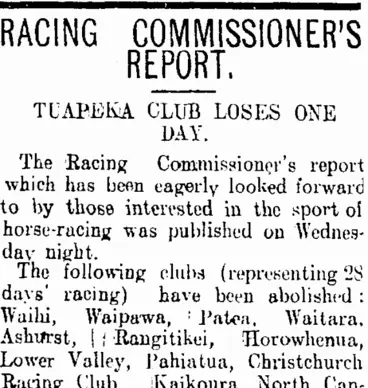 Image: RACING COMMISSIONER'S REPORT. (Tuapeka Times 24-6-1911)