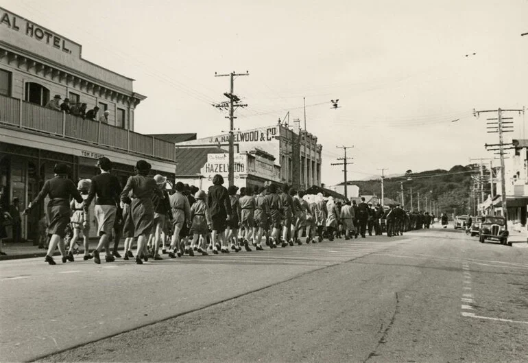 Image: Funeral procession for Mayor Peter Robertson 16th May 1939; Guides, Brownies, Red Cross, Boys' Brigade.