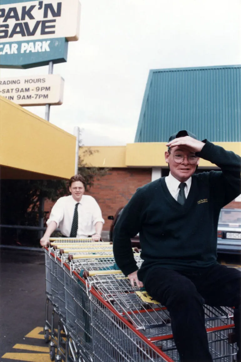 Image: Pak'n Save; missing-trolleys amnesty; attendant Bob Goodall, director Michael Kelly.