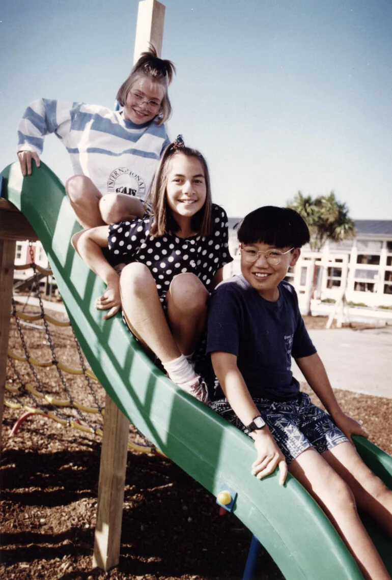 Image: Fraser Crescent school; Erin Baylis, Rochelle Kaiwai and Andrew Ng in the new playground.